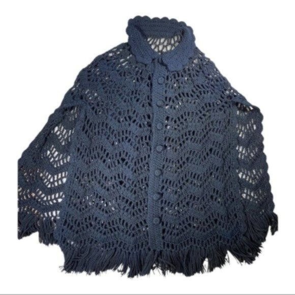 Hand Knit Crochet Knit Navy Blue Shawl Cardigan Cape Poncho - Picture 1 of 8